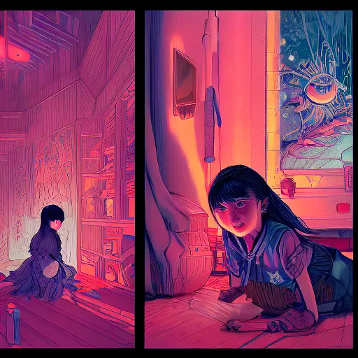 Prompt: beautiful young japanese girl with glowing red eyes finds herself lost in a dark indigo room, painted part by josan gonzales, part by dan mumford, part by norman rockwell, part by mark riddick, part by ed repka, artstation