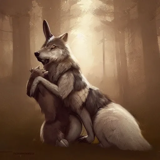 Prompt: A beautiful painting of an anthropomorphic wolf and rabbit hugging, artstation trending, greg rutkowski
