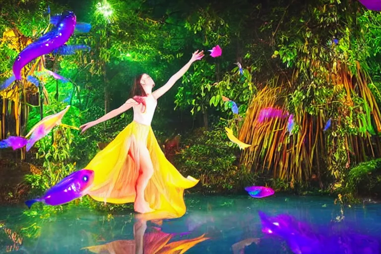 Prompt: ethereal glowing goddess dancing on a pond in the jungle surrounded by colorful glowing flying fish at night cinematic