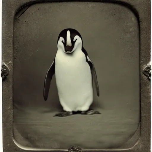 Prompt: ! dream tintype photo of a penguin playing, 1 8 8 0 s