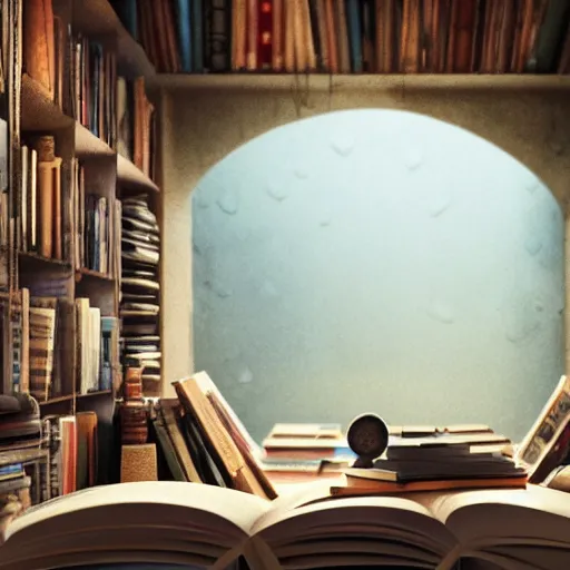 Image similar to books cave, a lot of books, many books everywhere, atmospheric, dof, wide angle, very coherent composition, masterpiece, incredible details, highly detailed, photorealistic, disney pixar, warm colours, atmospheric, cozy place, smooth, hole as a window, octane render, iridescent, 8 k