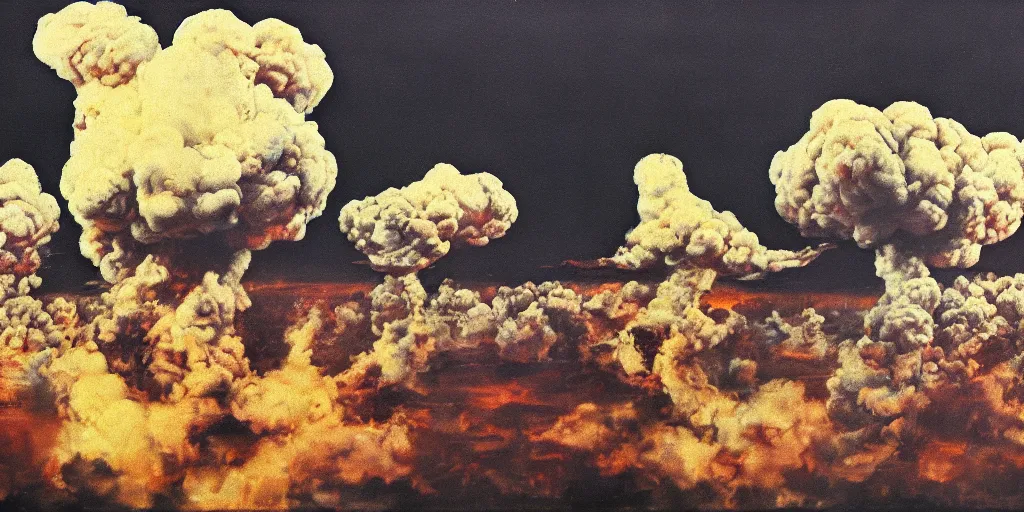 Image similar to Sacking of Washington DC, Mushroom Cloud, 1958, Oil on Canvas, Antiwar, dramatic, digital art