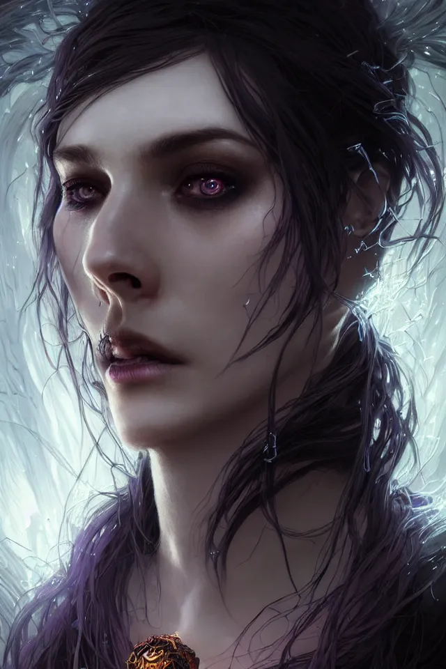 Image similar to Necromancer Sorceress face close-up macro in center, fantasy magic, undercut hairstyle, dark light night, intricate, elegant, sharp focus, illustration, highly detailed, digital painting, concept art, matte, art by WLOP and Artgerm and Greg Rutkowski and Alphonse Mucha, masterpiece