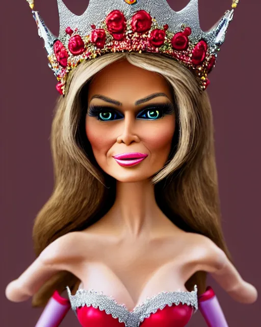 Image similar to closeup profile portrait of a tin toy melania trump as a fairytale princess wearing a crown and eating cakes, bikini, hyper realistic, artstation, illustration, nicoletta ceccoli, mark ryden, lostfish, max fleischer, digital paint, matte paint, vivid colors, bright, cheerful, detailed and intricate environment
