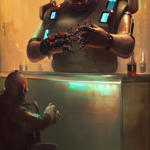 Image similar to portrait of an overweight cyberpunk barkeeper, robotic arms, ratz, neuromancer, bar background, painted by greg rutkowski, painted by igor kieryluk, high detail, dramatic light, digital art, trending on artstation