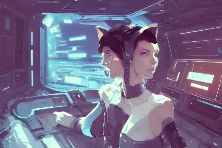 Prompt: woman with cat ears in a space ship control room, futuristic, digital art, by conrad roset, by yoshitaka amano, by greg rutkowski, concept art, beautiful face, 4 k