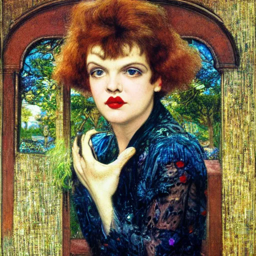 Image similar to portrait of a hybrid of judy garland and lady gaga with marfan syndrome, downward slanting eyes, with a brown fringe, holman hunt, john william waterhouse, kilian eng, rosetti, john everett millais, william holman hunt, 4 k