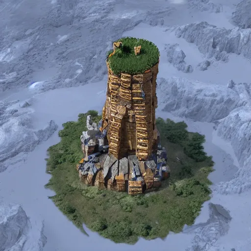 Prompt: Aerial view of a wizard's tower, surrounded by mines and caves