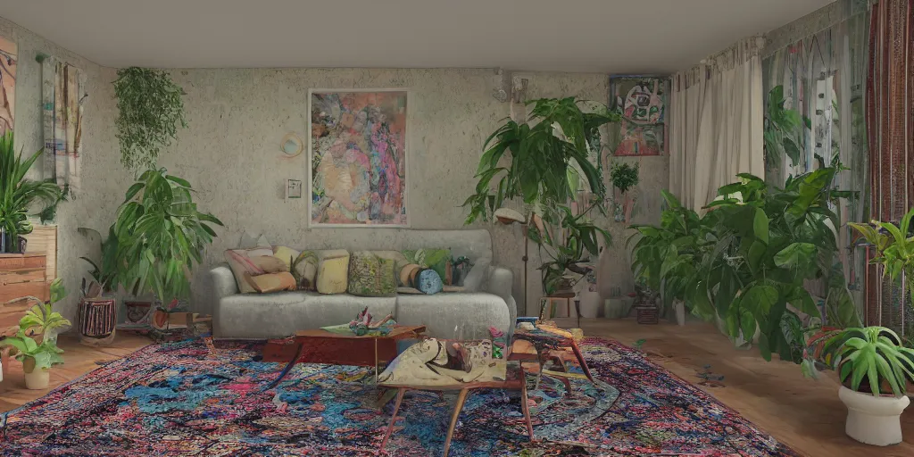 Image similar to 1 9 6 9 living in an older house, hippie pad, hippie chic, antiques, tropical houseplants, beaded curtains, posters on the walls, persian rugs, artstation, v - ray render, 8 k