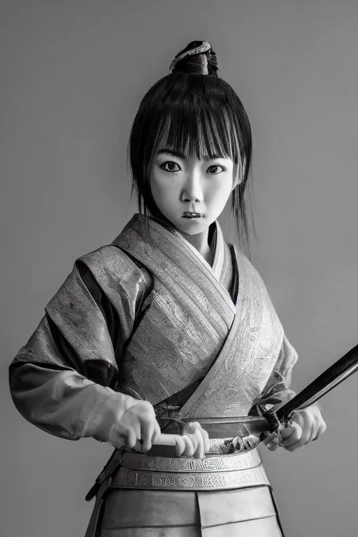 Image similar to highly detailed beautiful photo of a young female samurai, practising sword stances, symmetrical face, beautiful eyes, realistic anime art style, 8 k, award winning photo, pastels, action photography, 1 / 1 2 5 shutter speed, dramatic lighting