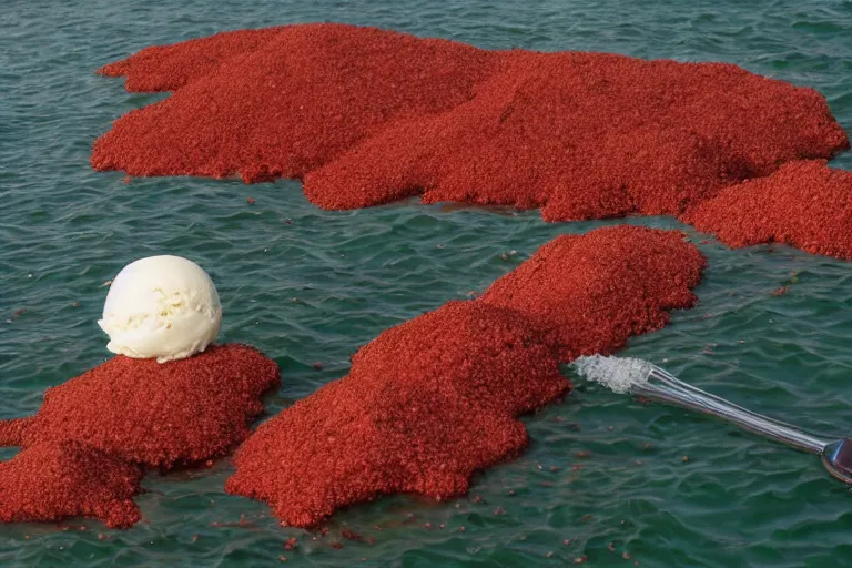 Image similar to an island made of food, around the island instead of water coca - cola ( dark brown ), instead of sand red caviar, instead of mountains ice cream with cherries, photo taken from a boat, 3 5 mm, cinematic