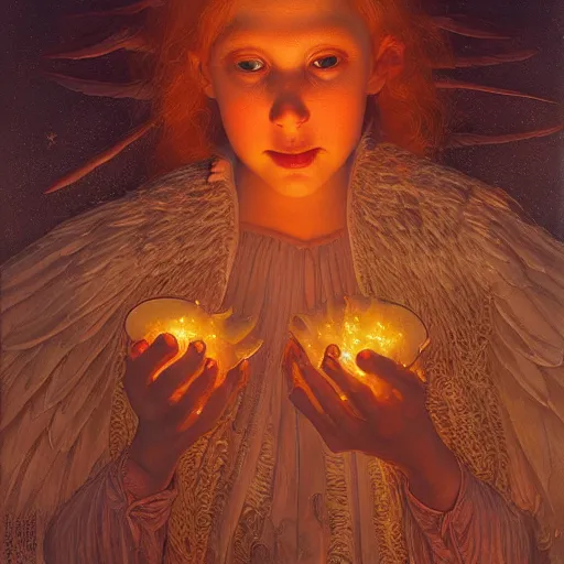 Prompt: Soul eating angels satisfy their hunger, light illumination at sunset, by James C. Christensen height 768-C 9.0