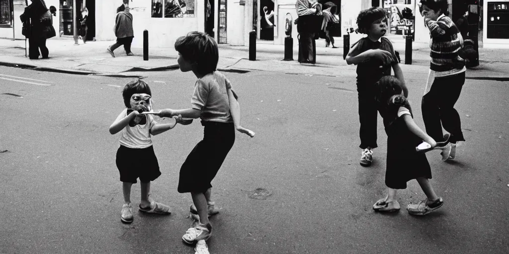 Image similar to street, 2 tomboys blow gum bubbles, 1 9 8 0 s film photography, exposed b & w photography, christopher morris photography, bruce davidson photography, peter marlow photography