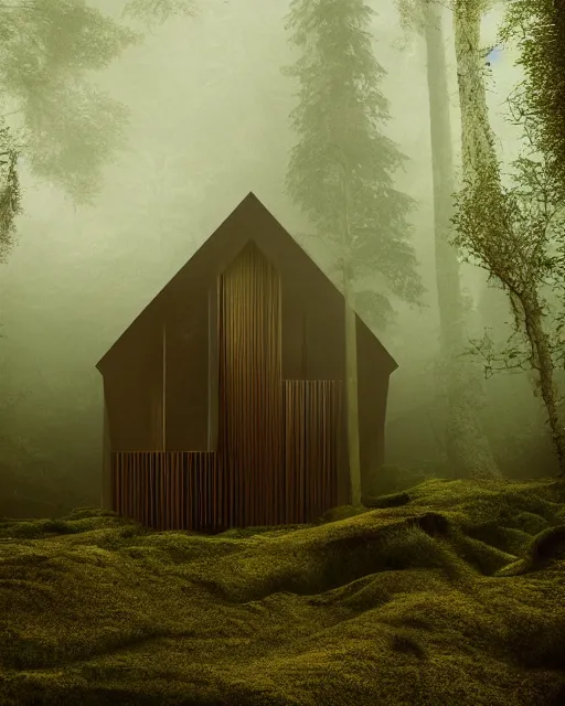 Image similar to an exquisite wooden house in a lush forest, architectural photography, dark and dim lighting, beautiful, tranquil, moody, cinematic, fantasy, 3 5 mm lens, volumetric lighting, first person view, photographic render, hyper realistic