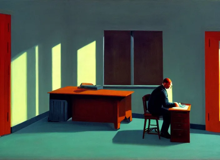 Image similar to painting of a lonely man sitting at his desk in an empty, huge office, in the style of edward hopper