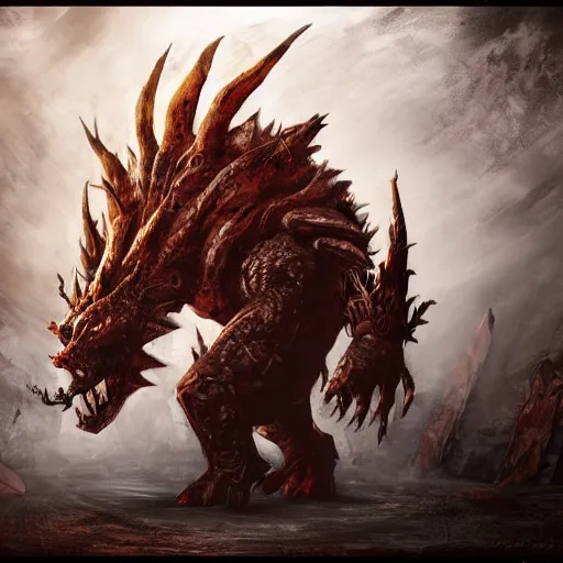 Image similar to concept art of bowser with huge horns and scales and talons in a ruined kingdom, resident evil, horror, occult, terror, mist, volumetric render, digital painting, detailed painting