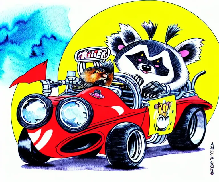 Image similar to cute and funny, racoon wearing a helmet riding in a tiny top fuel dragster funny car, ratfink style by ed roth, centered award winning watercolor pen illustration, isometric illustration by chihiro iwasaki, edited by range murata