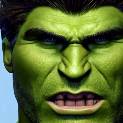 Image similar to detailed 3d render of the incredible hulks face, eric bana, lifelike textures and realistic hair, extreme close detail, high resolution, fine character detail