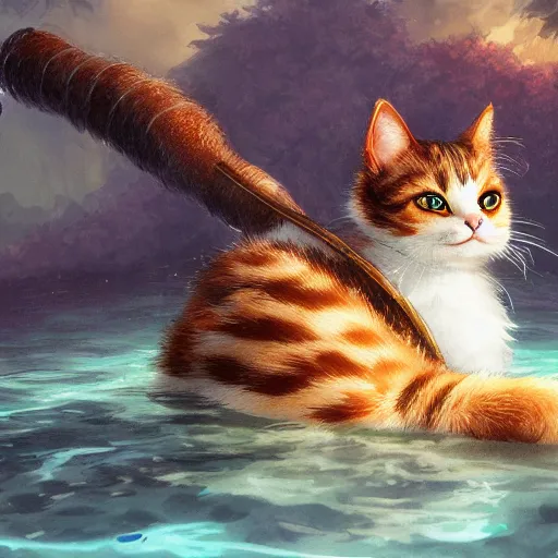 Image similar to A cat swimming in water, Japanese anime style, fantasy matte painting，cute, rich colors, high details，light effect，by Justin Currie and Justin Gerard，trending on cgsociety and artstation，8kHDR，