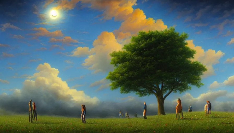 Prompt: people watching dramatic solar eclipse, grassy field, single tree, colorful clouds, blue sky, christophe vacher, matte painting