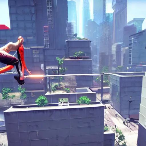 Image similar to parkour delivery service in a cyberpunk setting, city rooftops parkour girl, mirrors edge