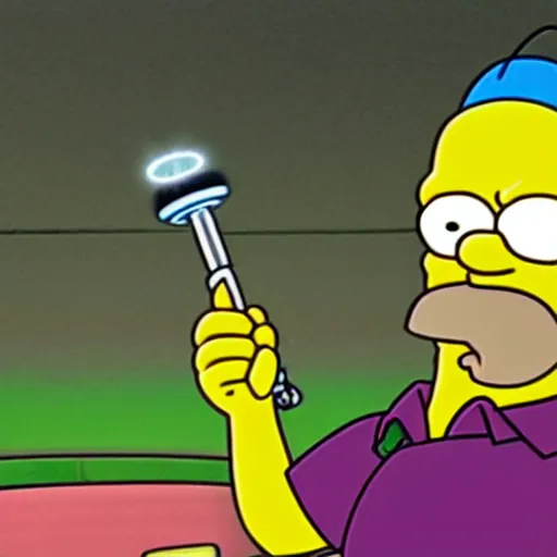 Image similar to homer simpson driving a car. he is holding a green lightsaber