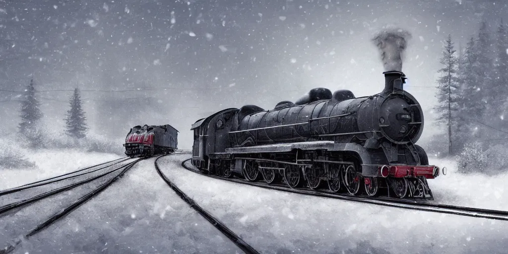 Prompt: ultra realistic illustration, a heavy steam train in the snow under a blizzard, snow landscape, elegant, highly detailed, artstation, concept art, smooth, sharp focus, moody, dramatic lighting