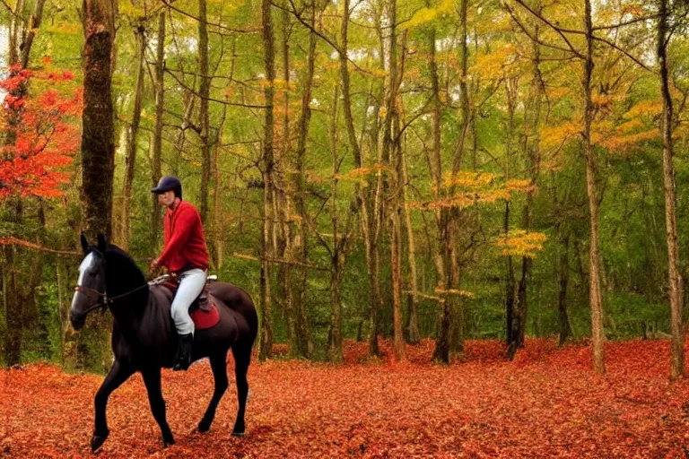 Image similar to attractive man riding a horse in the woods with falling red leaves, ghibli style