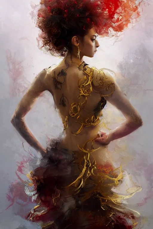 Image similar to an epic painting of a 1 9 years old girl figure, curly messy high bun hairstyle, oriental tattoos, subject wearing a gold and ruby high fashion gown, flowing, ornate, beautiful, dramatic earth colors, with few fire red highlights, by jeremy mann and greg rutkowski, trending on artstation, oil on canvas