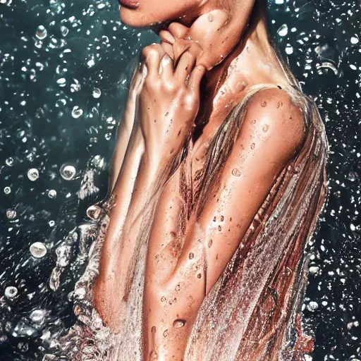 Prompt: close up of dress of a fashion model is getting wet by a hose, luxury dress, official valentino editorial, highly detailed