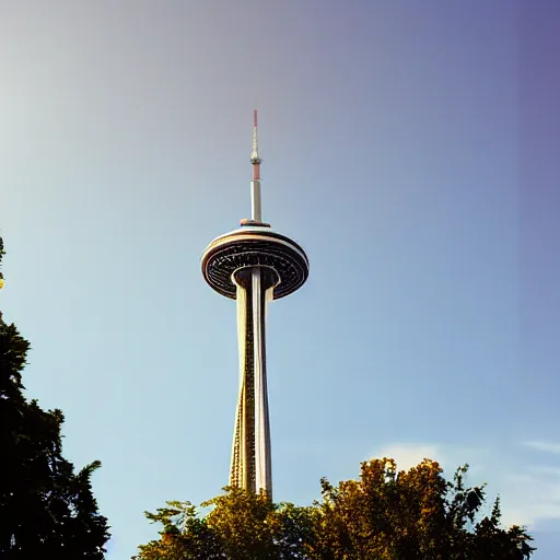 Image similar to Toronto tourist guide with planet mars as a head impaled on Toronto space needle, dramatic cinematic lighting