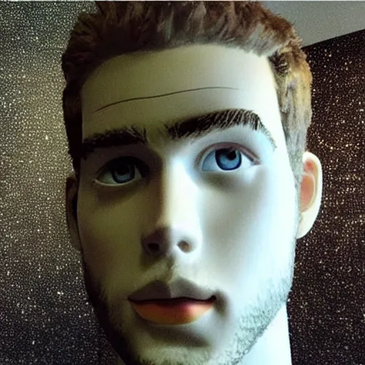 Image similar to “a realistic detailed photo of a guy who is an attractive humanoid who is half robot and half humanoid, who is a male android, actor Liam Hemsworth, shiny skin, posing like a statue, blank stare, at the museum, on display”