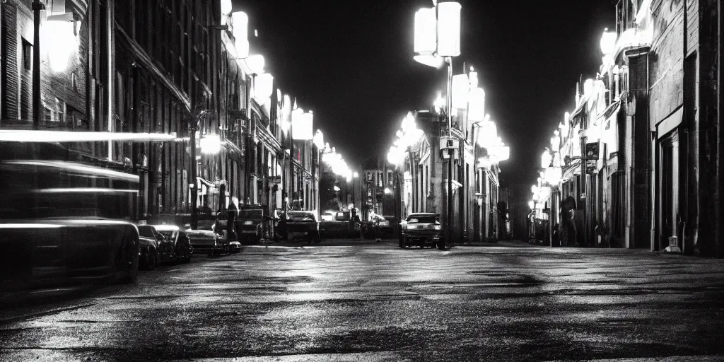 Prompt: low angle camera shot of a street by night, moody cinematography of roger deakins, shot on film, grain, hyper realistic ,