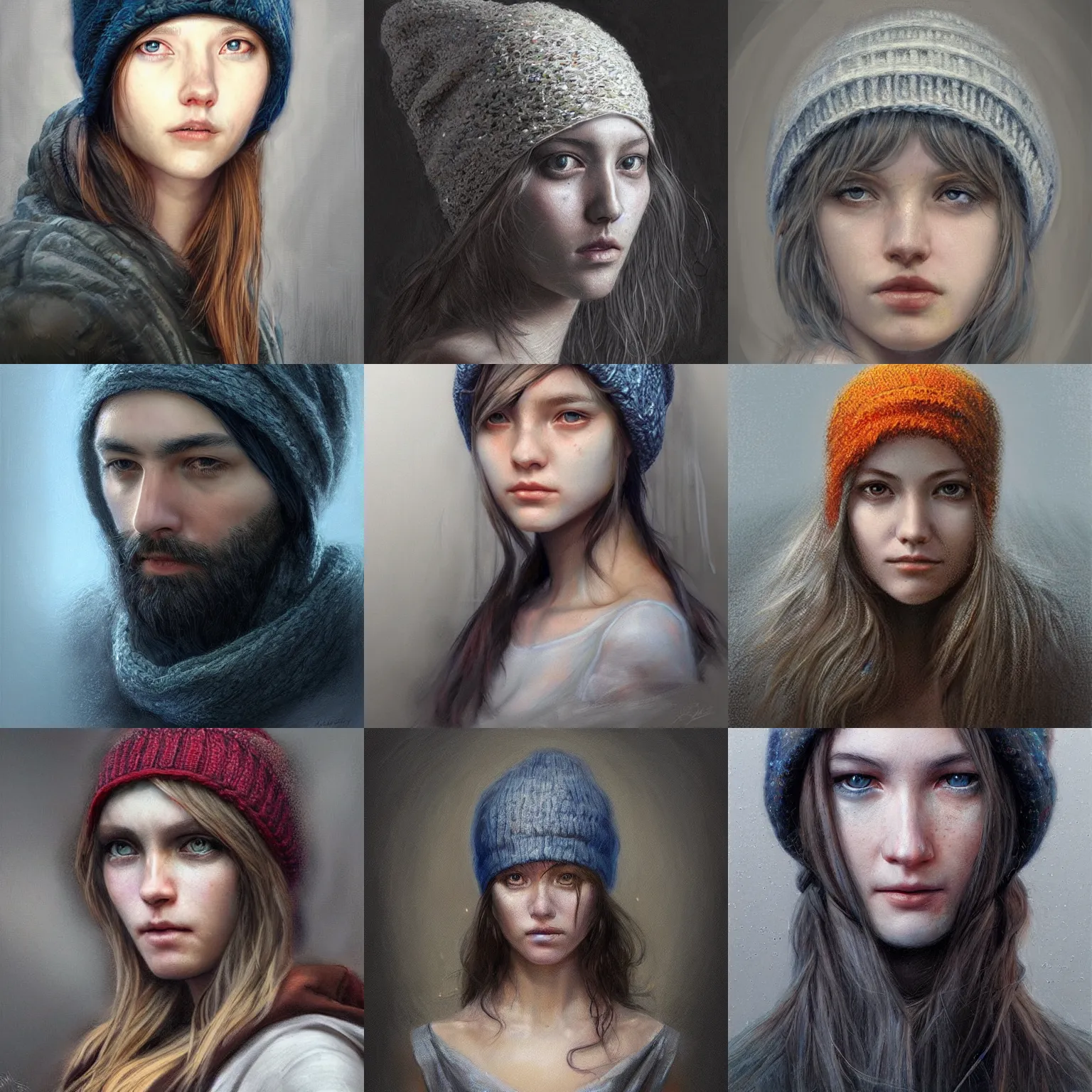 Prompt: portrait of a starving ai artist, detailed clothing, beanie, concept art, artstation, detailed luminescent oil painting by alan lee and artgerm