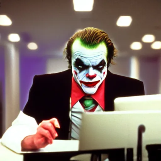 Image similar to jack nicholson as joker working in a cubicle at a computer in 1 9 8 9, fleshtone facepaint coming off, movie still, dslr