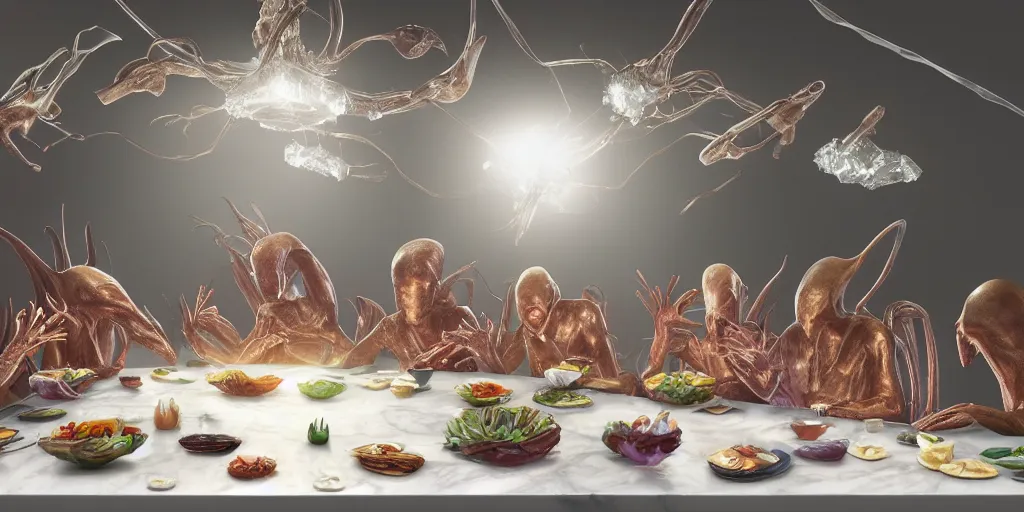 Prompt: !13 diverse aliens enjoying a rich salad around a marble table, !positioned as !last_supper cinematic lighting, crystal, liquid, surreal, floating, highly detalied, 4k, artstation, by Wayne Barlowe