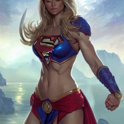Image similar to muscular supergirl, deep focus, d & d, fantasy, intricate, elegant bikini, highly detailed, digital painting, artstation, concept art, matte, sharp focus, illustration, hearthstone, art by artgerm and greg rutkowski and alphonse mucha