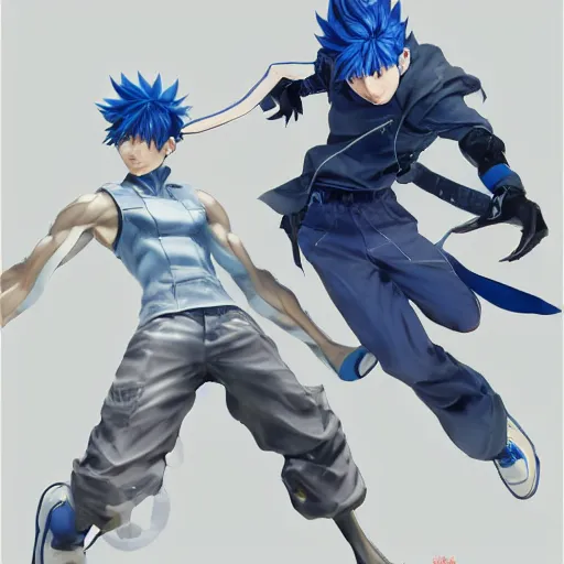 Image similar to a blue haired boy in a dynamic pose. character design. gesture drawing. line of action. official art, concept art. tetsuya nomura. final fantasy. shigenori soejima medium shot. ray tracing hdr. 8 k. uhd. sharp focus. symmetrical. coherent highly detailed. masterpiece. cinematic lighting..