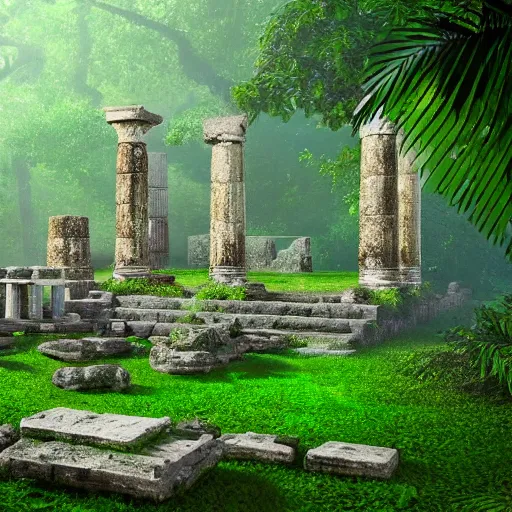 Image similar to ancient greek temple ruins in a lush rainforest, photorealistic, cinematic, filmic, volumetric lighting