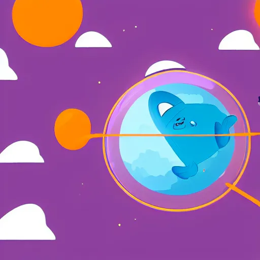 Image similar to cartoon animated illustration of a bear mascot being launched from a futuristic marble planet, purple and orange cloudland