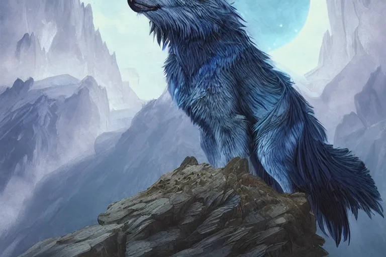 Image similar to Blue feathered wolf with wings on a beautiful fantasy landscape, hills, mountains, moonlit, HD, illustration, epic, D&D, fantasy, intricate, elegant, highly detailed, digital painting, artstation, concept art, smooth, sharp focus, illustration, art by artgerm and greg rutkowski and alphonse mucha