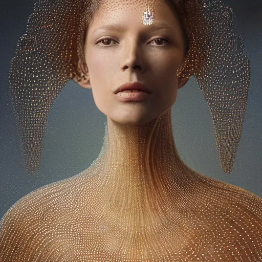 Prompt: full shot of a regal brown woman wearing an intricate and detailed armor made of thousands of dew drops. refracted light. reflections. morning dew.. delicate. translucent. no makeup!! haunting eyes. vulnerable. fragile. ethereal. refracted light. by ray caesar. by louise dahl - wolfe. by andrea kowsch. octane render