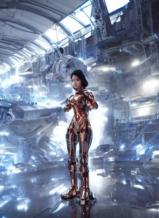 Image similar to a young attractive Asian woman wearing mecha armor inside a sci-fi hangar, dramatic pose, chrome, blue LEDs, wires and cables, highly detailed, photorealistic, volumetric lighting, digital art, octane render, in the style of Artgerm and Tom Bagshaw