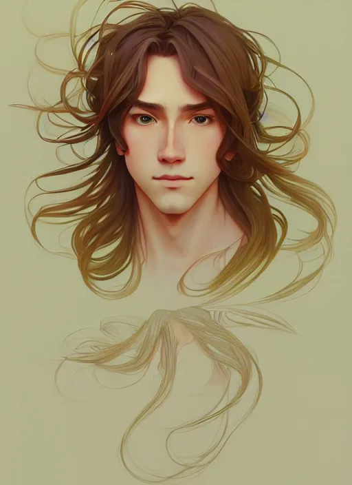 Image similar to pretty young man with shoulder length shiny shimmering golden blond hair, path traced, highly detailed, high quality, digital painting, by studio ghibli and alphonse mucha, leesha hannigan, makoto shinkai, disney