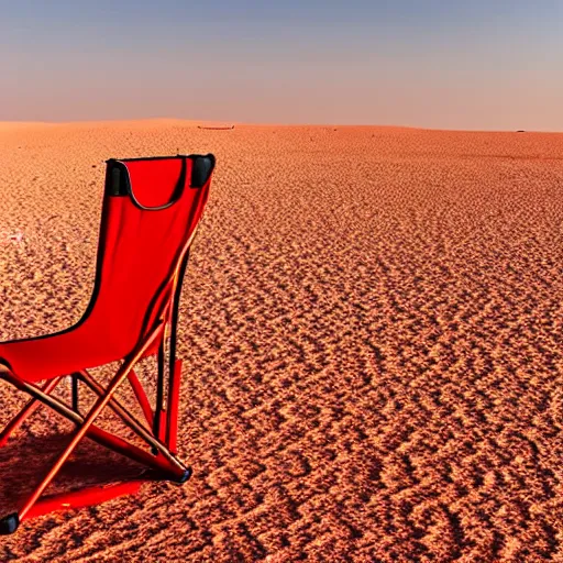 Prompt: a red camping chair in the middle of the sahara desert. the chair is far away from the camera.