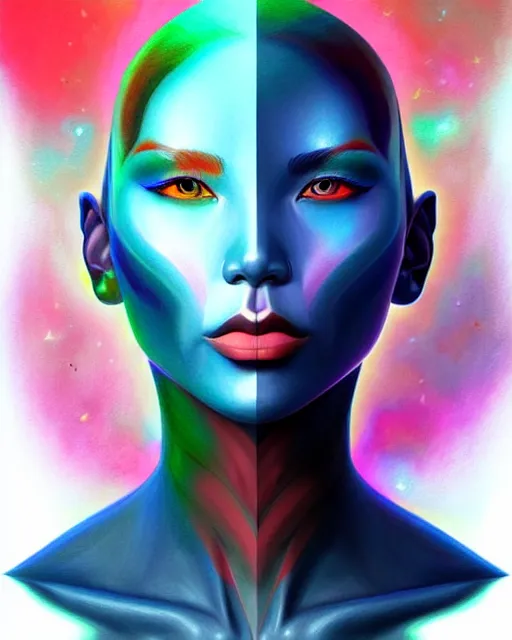 Image similar to richly detailed color illustration of a becoming-one-with-the-universe illustrated by Artgerm and Mina Petrovic and Timothy Kong and Marina Federovna. 3D shadowing