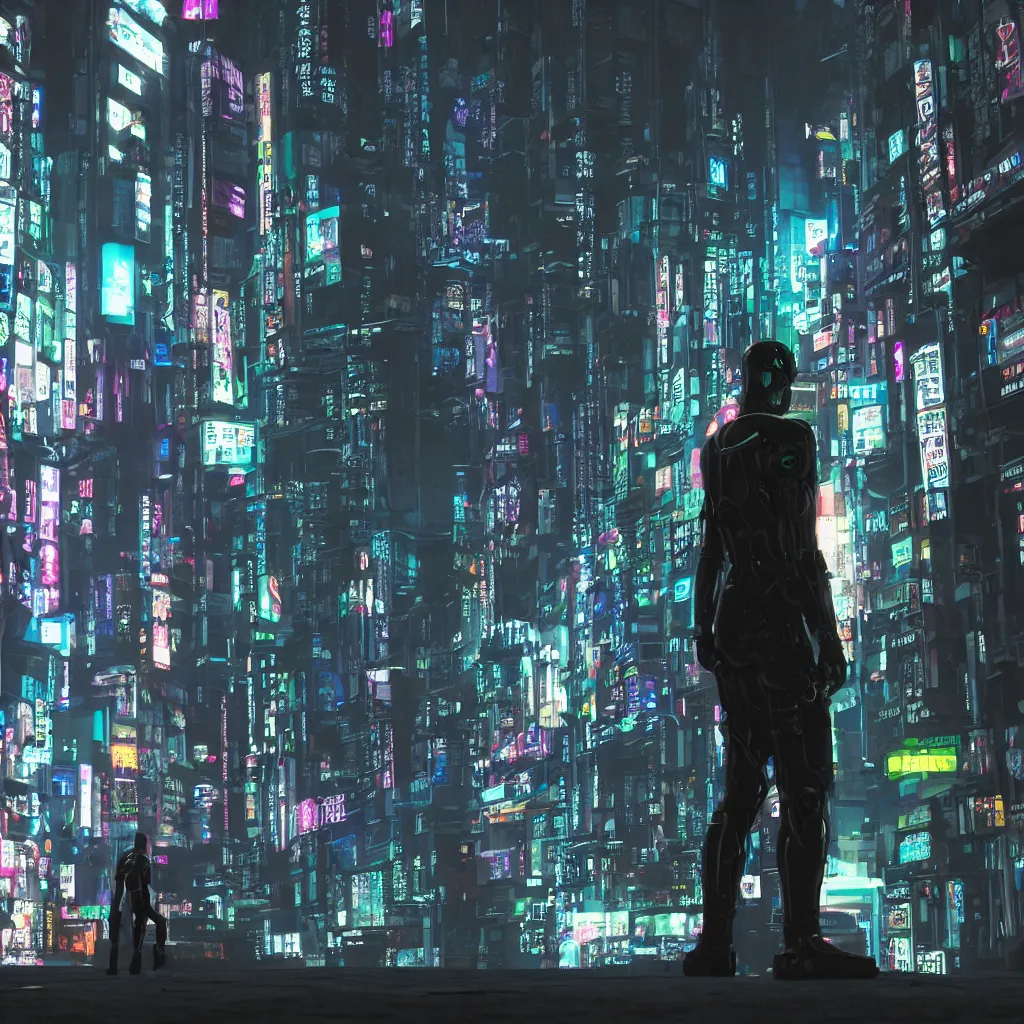 Image similar to cyberpunk android standing in a dark alley looking out to the city in future tokyo at night