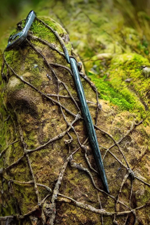 Image similar to a portrait of a rusty sword protruding from a rock, rust and corrosion, moss and vegetation, ancient forest, excalibur, close - up, intricate details, intricately detailed textures, warm lighting, vivid colors, smoke and mist, hyper realistic octane render, volumetric shading, depth of field, raytracing, 8 k,