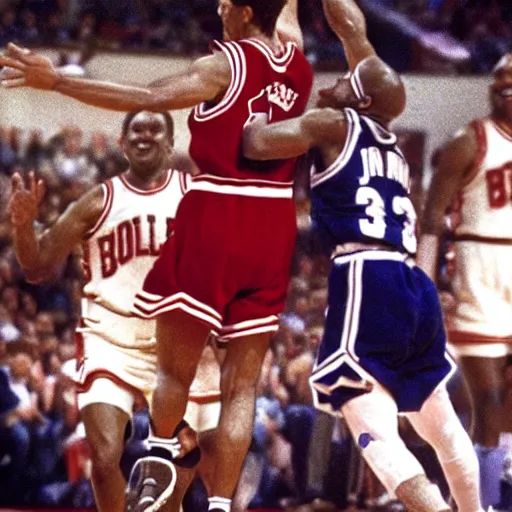 Image similar to frodo baggins blocking michael jordan, nba