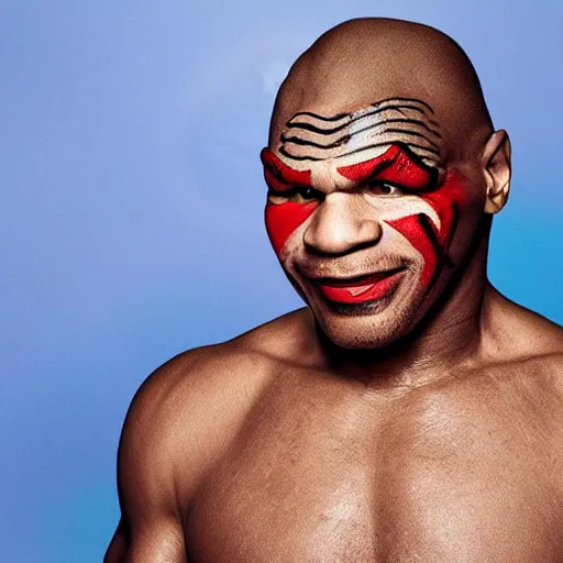 Image similar to UHD photorealistic Mike Tyson wearing a clown costume with real clown makeup by Miguel Vasquez